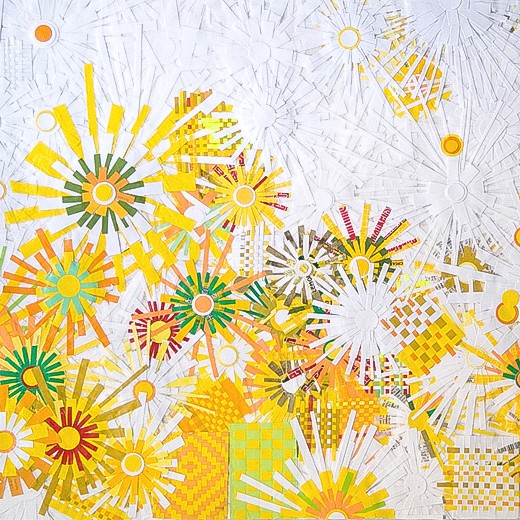 Good Day Sunshine - 2009 | Paper, plastic, and acrylic on wood | 30 x 36 in | Private Collection, Santa Barbara, CA