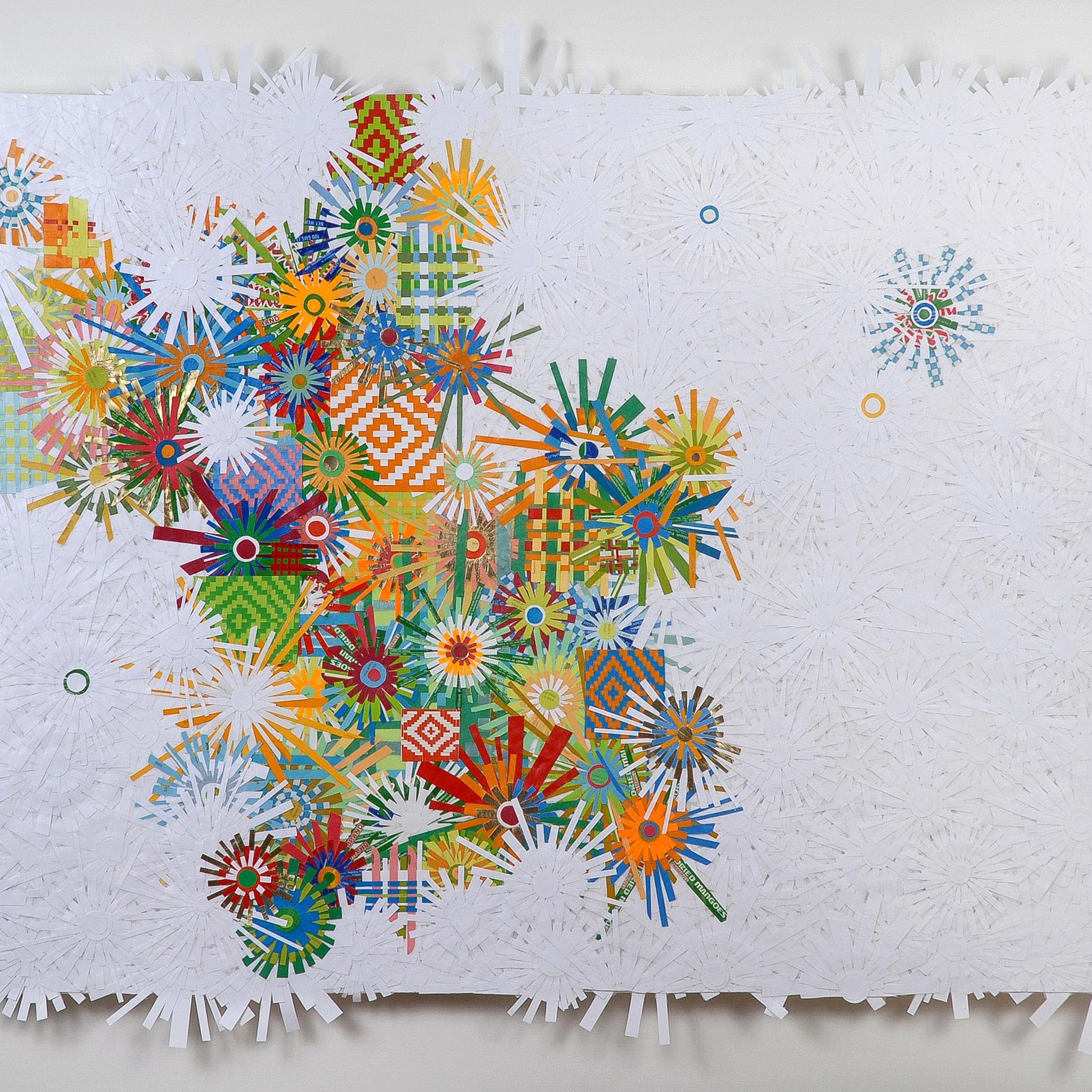 Mango Stars - 2009 | Found paper, plastic, and acrylic on panel | 45 x 55 in | Private Collection, Camarillo, CA