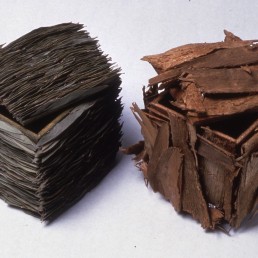 Dream Boxes – 1998 | Eucalyptus tree bark and leaves and acrylic on wood | 8 x 8 x 8 in | Private Collection, Claremont, CA